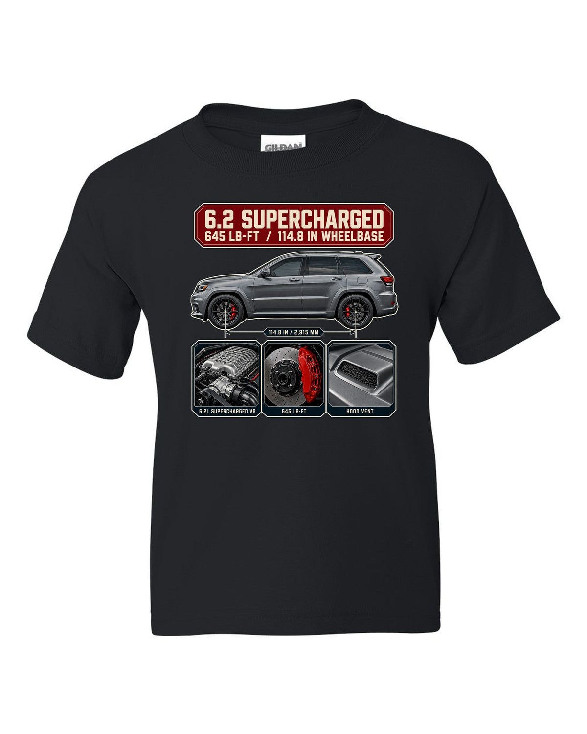 Dossier panel print of the Jeep Grand Cherokee Trackhawk WK2 with engine and torque black kids tee front view with the design