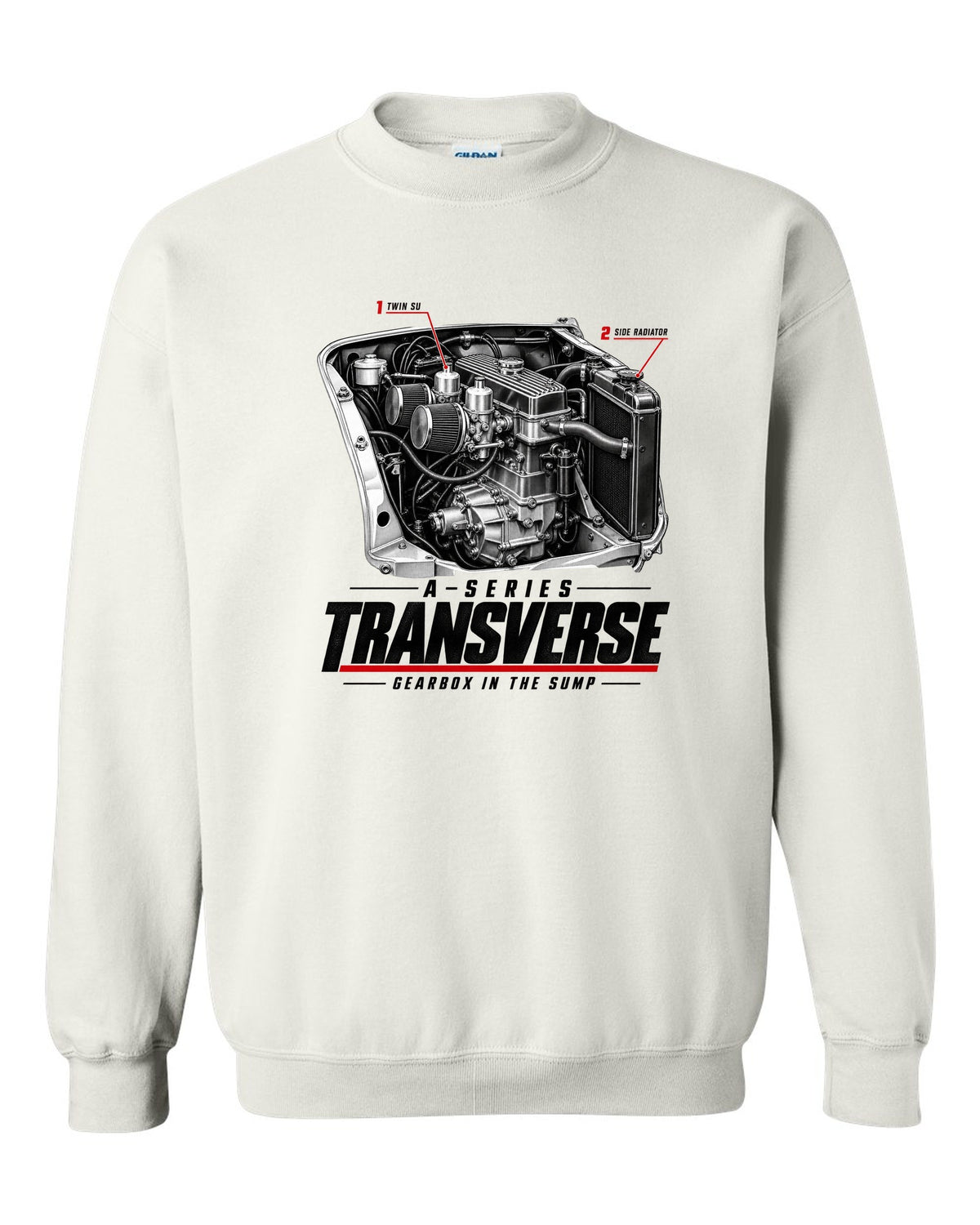 print of a Classic Mini Cooper S 1275 engine bay with the transverse A-series engine white crewneck front view with the design