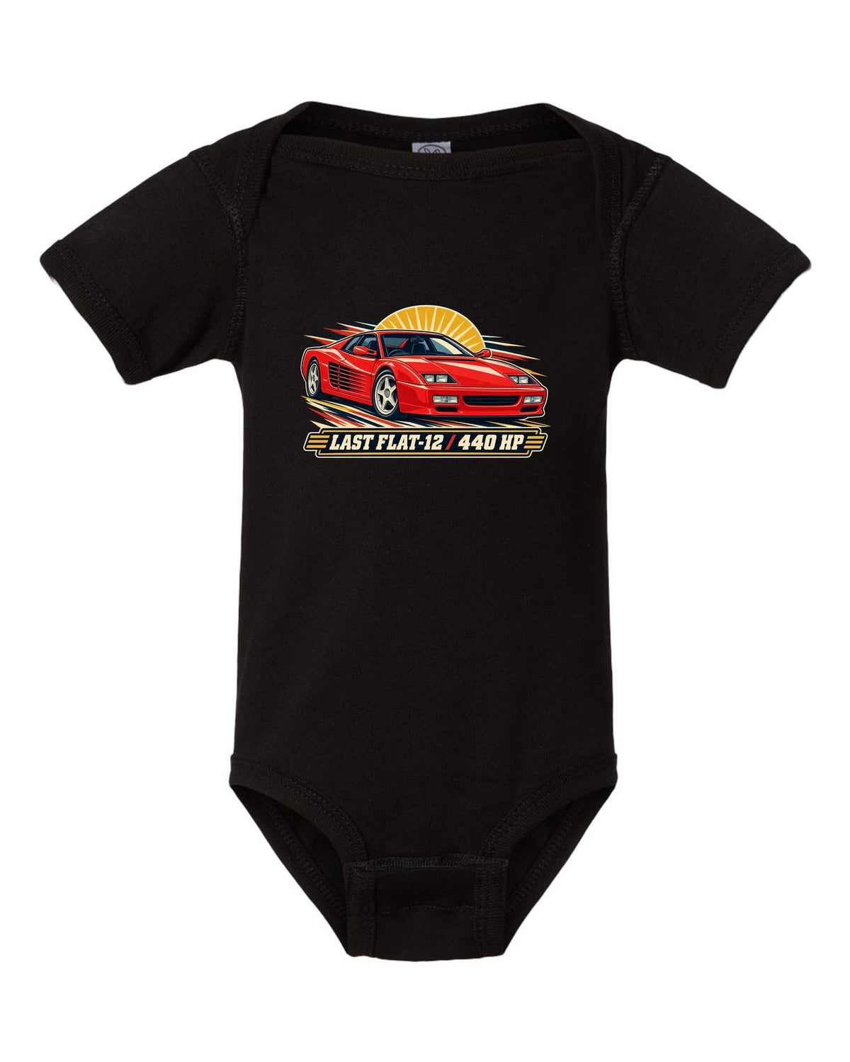 Retro race programme illustration print of the Ferrari F512 M with the text last flat-12, 440 HP black baby onesie front view with the design