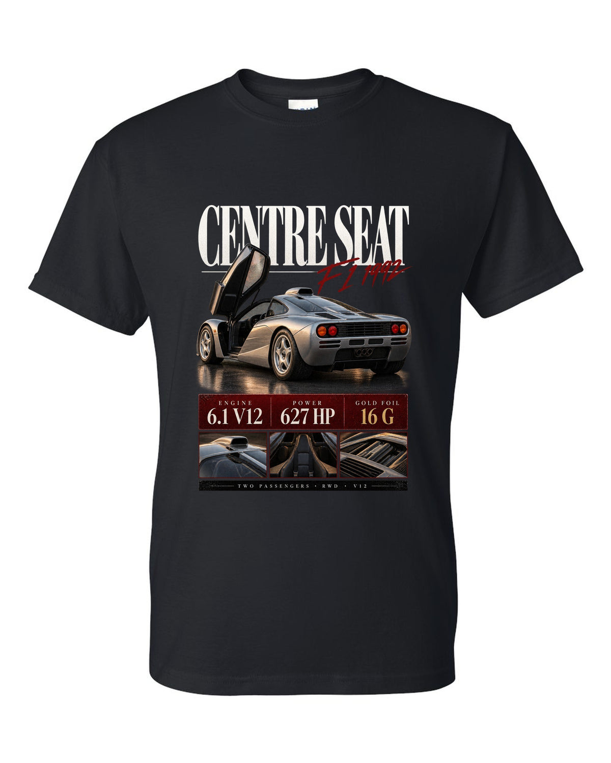 Archive panel print of the 1992 McLaren F1 with centre driving seat and V12 specification text black t-shirt front view with the design