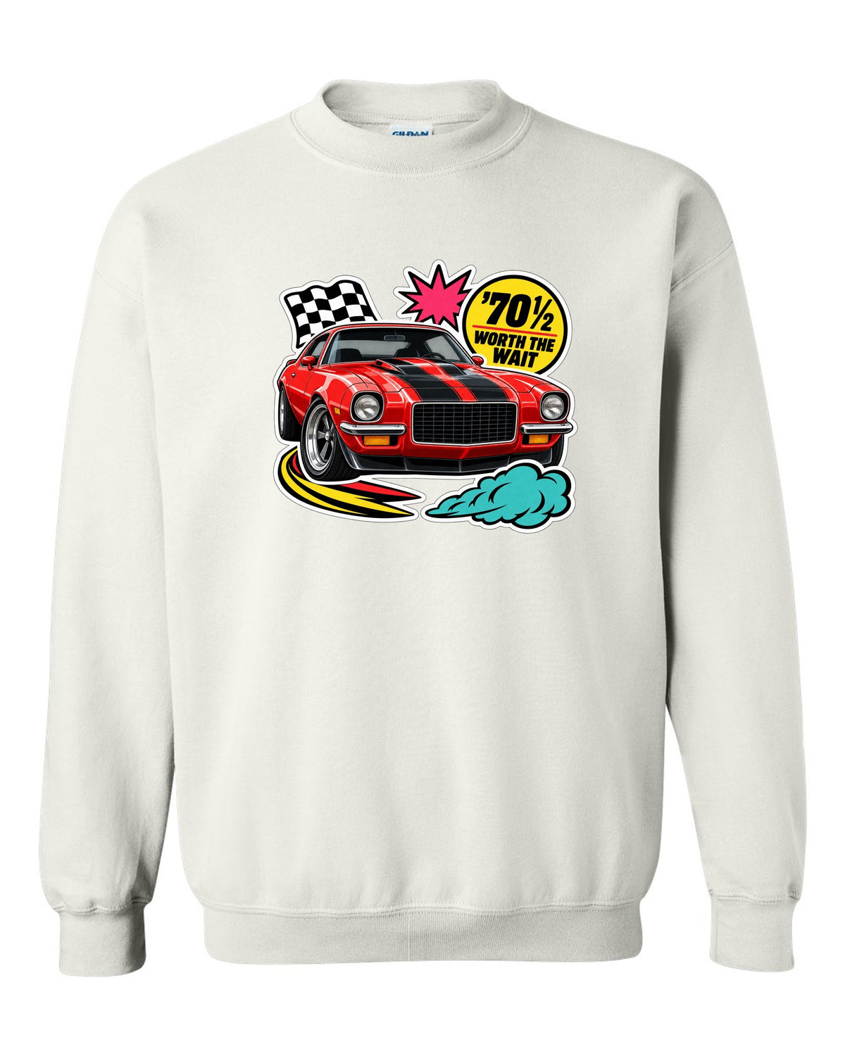 Sticker-bomb collage with die-cut edges of a 1970 Chevrolet Camaro Z28 white crewneck front view with the design