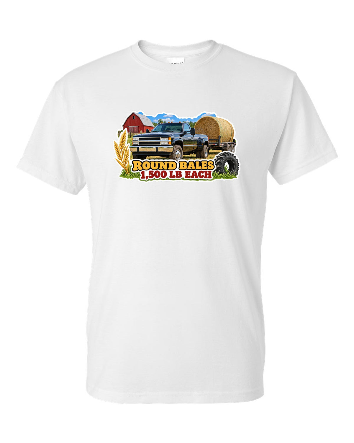 Sticker collage print of a 2010-2018 Ram 2500 6.7 hauling round bales with 1,500 lb each text white t-shirt front view with the design
