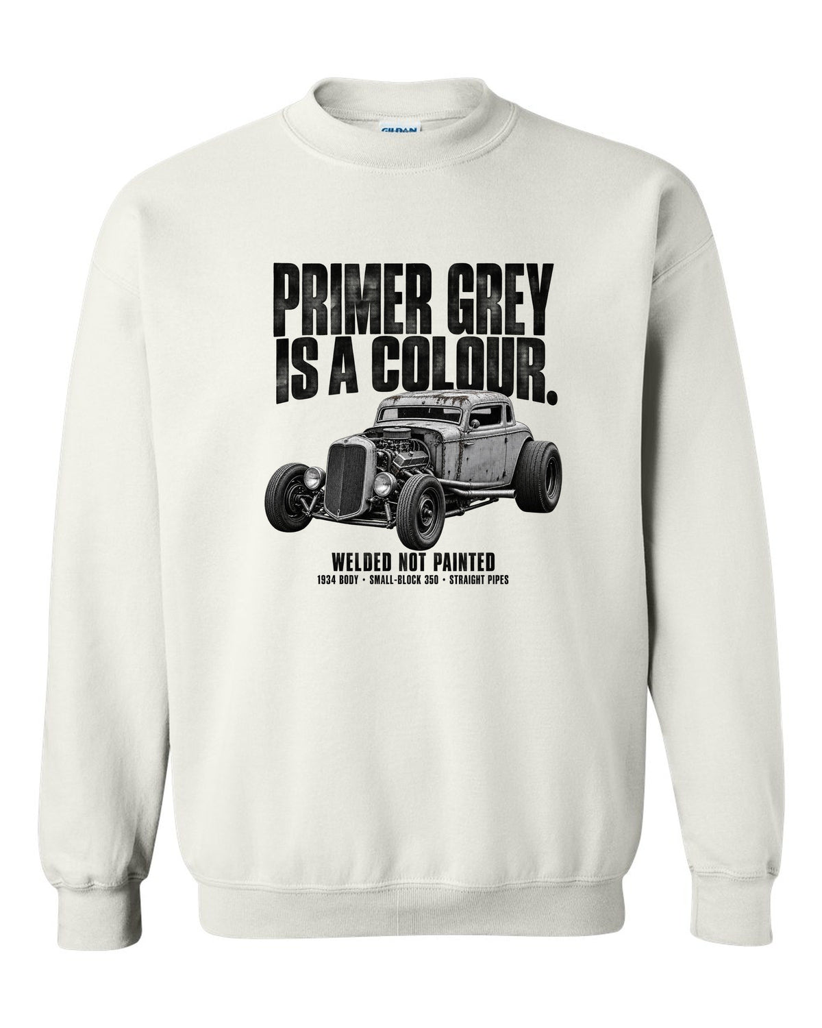 Halftone print of a primer grey 1934-style rat rod coupe white crewneck front view with the design