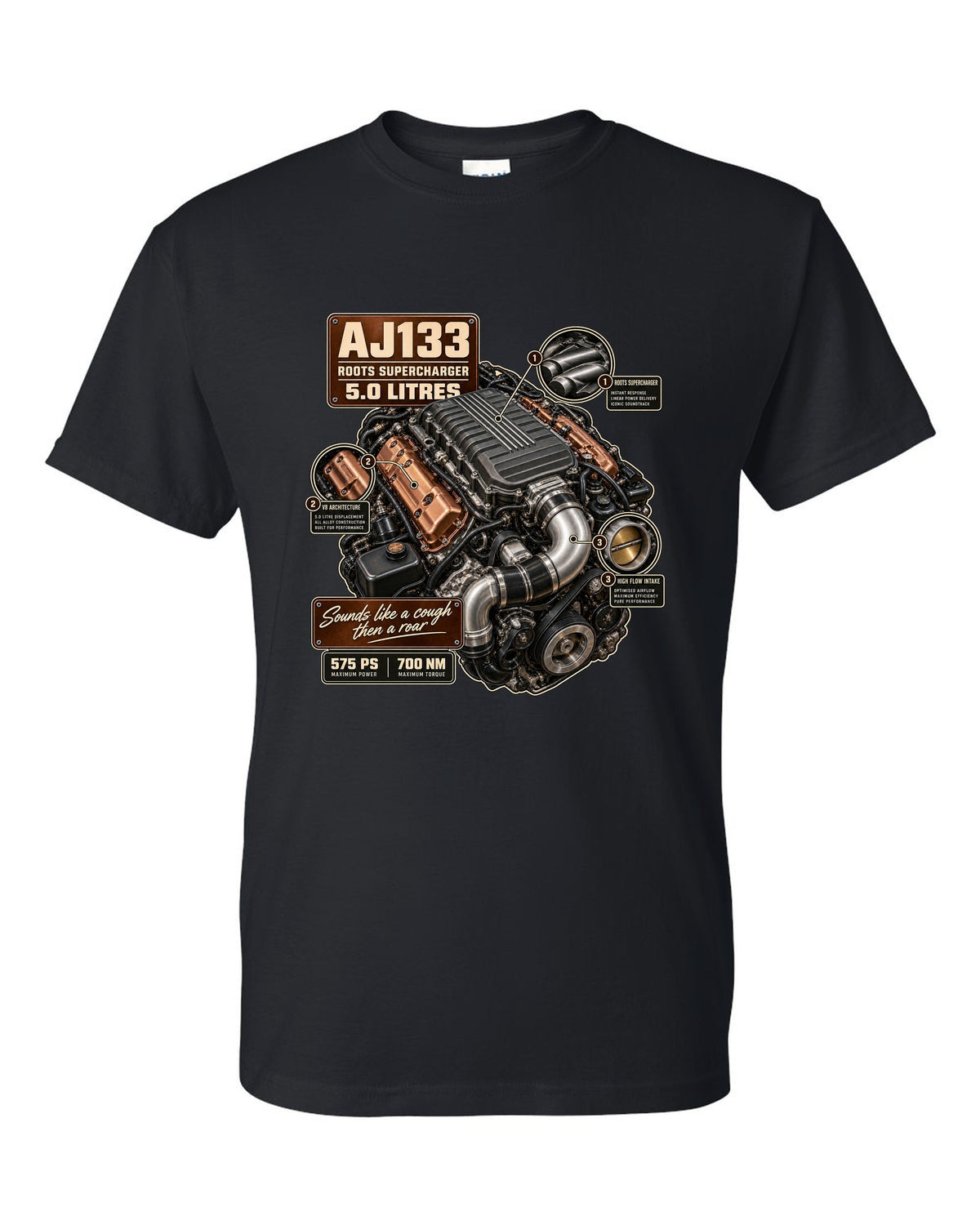 Engine hero print of the Jaguar F-Type R and SVR AJ133 supercharged 5.0 litre V8 black t-shirt front view with the design
