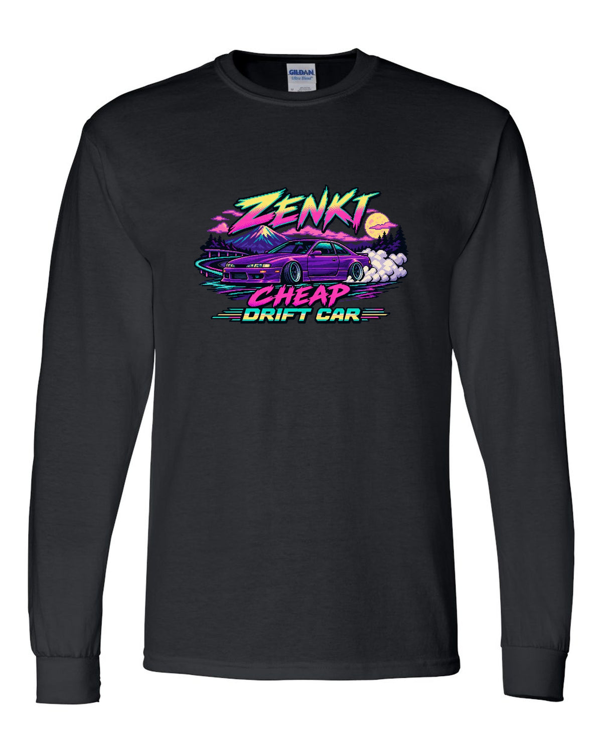 16-bit pixel art print of a Nissan Silvia S14 zenki drift car black long sleeve front view with the design