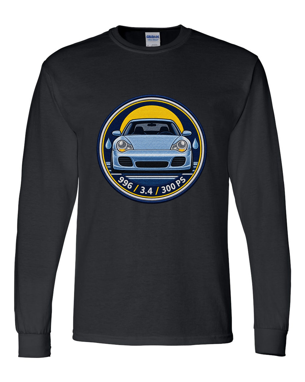 Round crest print of a 2004 Porsche 911 Carrera 997 with the text 997, 3.6 and 325 PS black long sleeve front view with the design