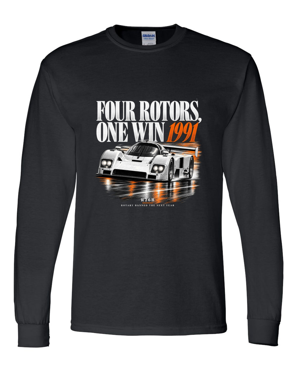 Mazda 787B four rotors editorial headline print, 1991 R26B black long sleeve front view with the design