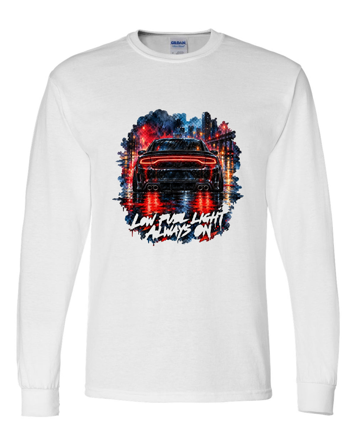 Watercolour wet-road night scene of the taillights of a 2015 Dodge Charger Scat Pack white long sleeve front view with the design