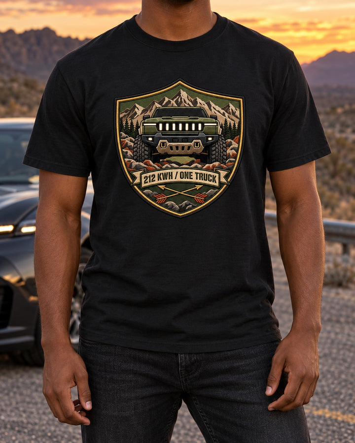 GMC Hummer EV Battery Crest Shirt, 212 kWh Truck Tee T-Shirt Black worn hero