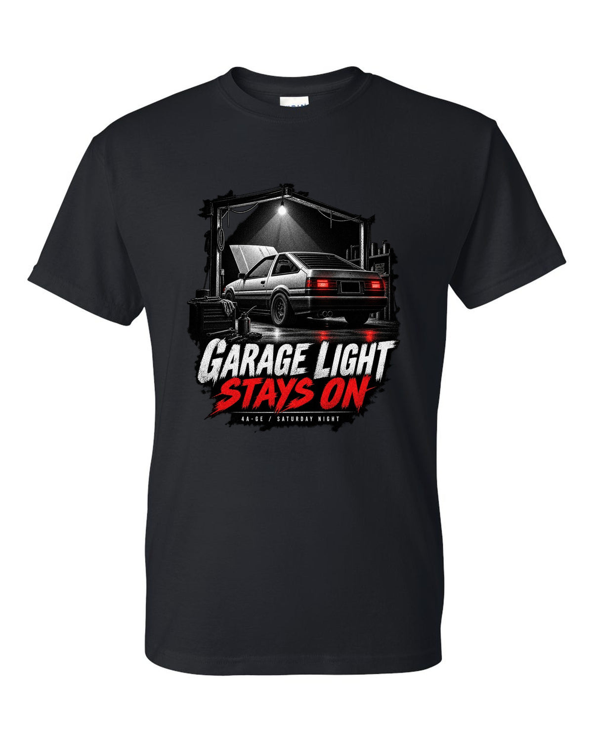 Garage night print of a Toyota AE86 Sprinter Trueno with 4A-GE lettering black t-shirt front view with the design