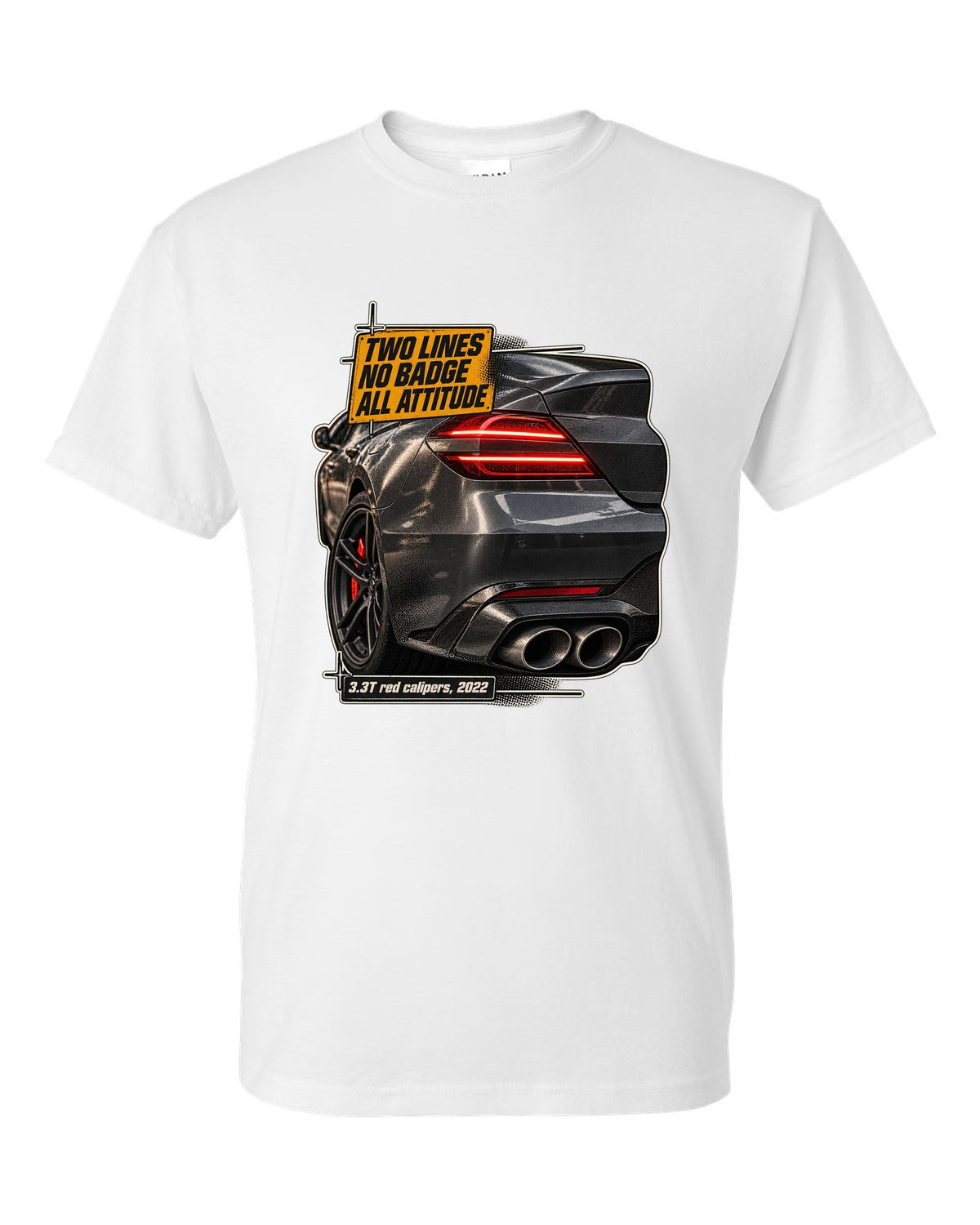 Taillight macro print of the Genesis G70 3.3T rear with two light lines white t-shirt front view with the design