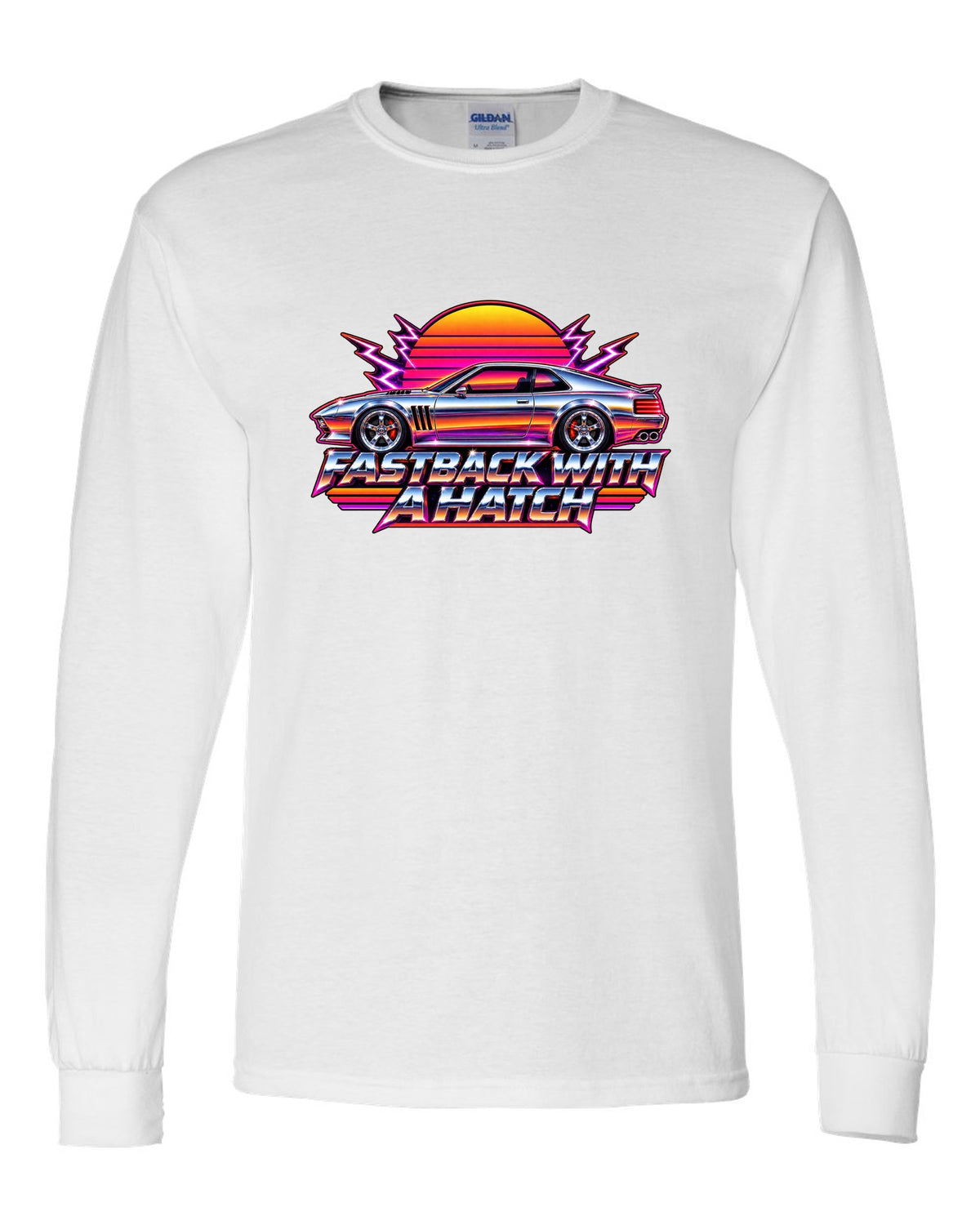 Kia Stinger GT CK 80s airbrush chrome sunset print with fastback with a ch text white long sleeve front view with the design