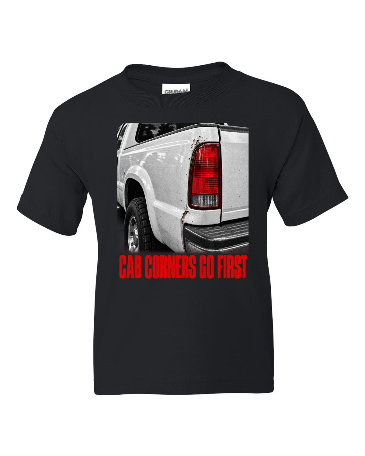 NBS Silverado taillight detail with cab corner rust, print black kids tee front view with the design