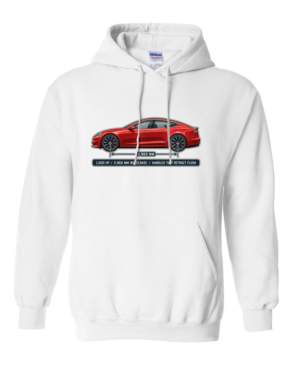 Tesla Model S Plaid Dimension Blueprint white pull over hoodie front view with the design