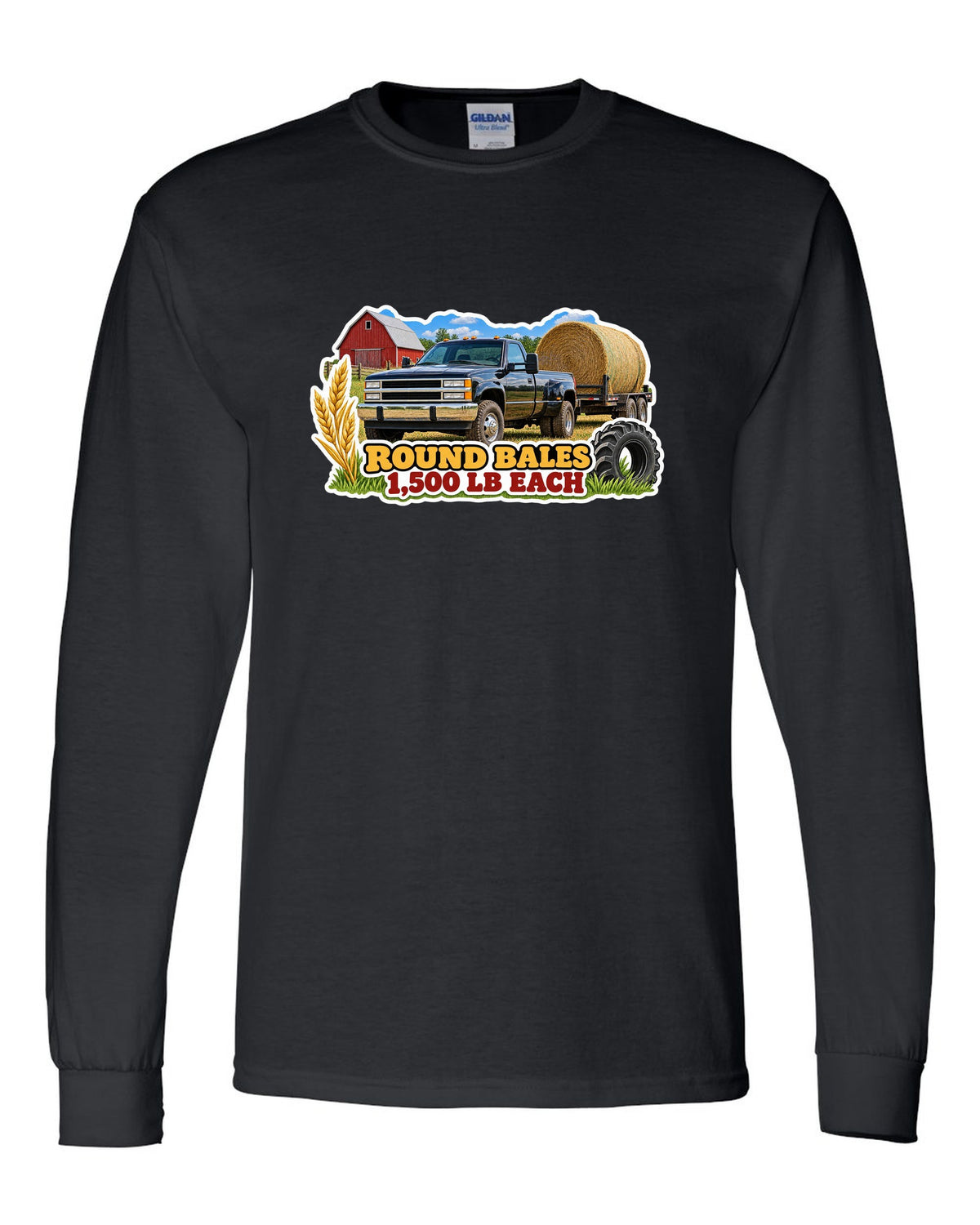 Sticker collage print of a 2010-2018 Ram 2500 6.7 hauling round bales with 1,500 lb each text black long sleeve front view with the design