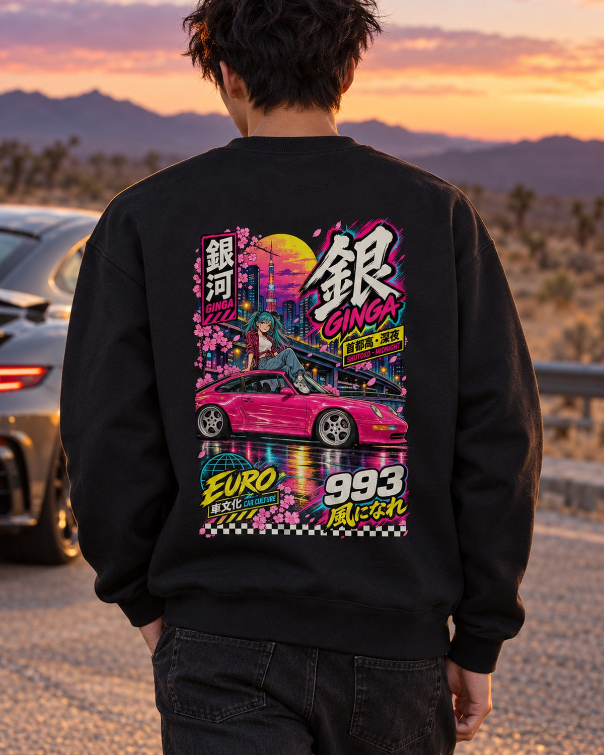 GINGA 993 Anime Girl Full-Back Graphic Tee Crewneck Black worn hero