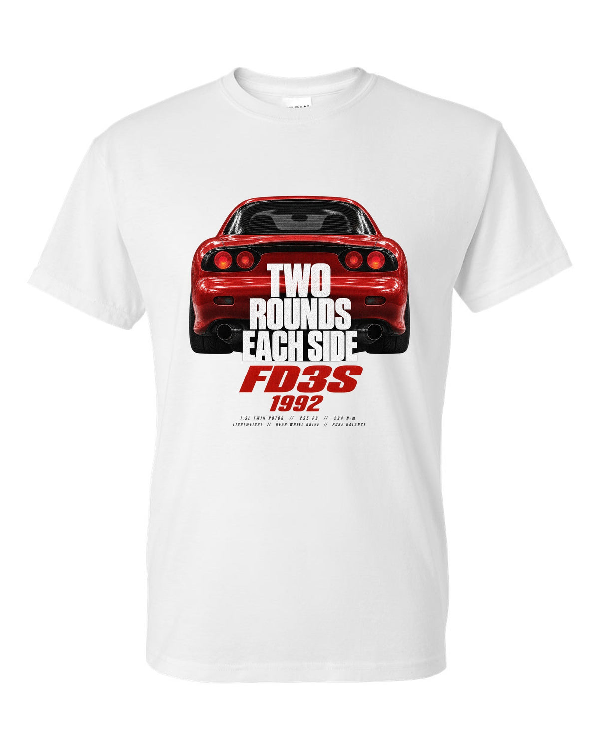 Taillight macro print of a Mazda RX-7 FD3S with round lamps white t-shirt front view with the design