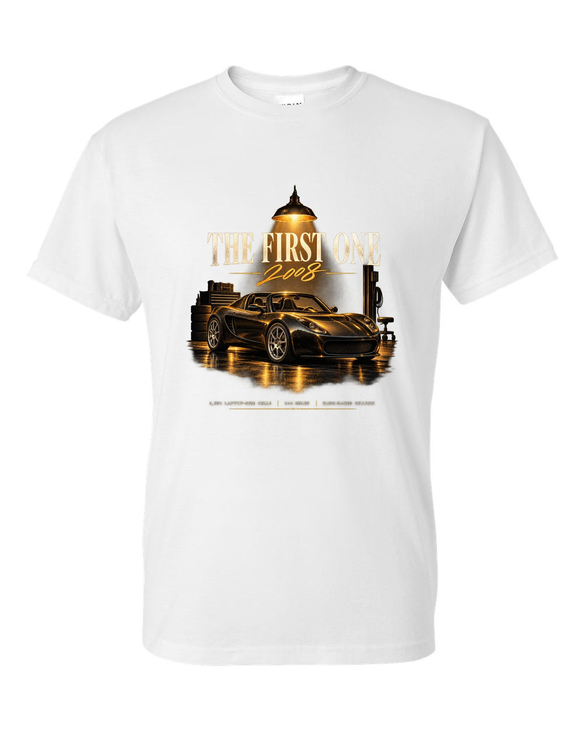 Garage night print of a first generation 2008 Tesla Roadster white t-shirt front view with the design