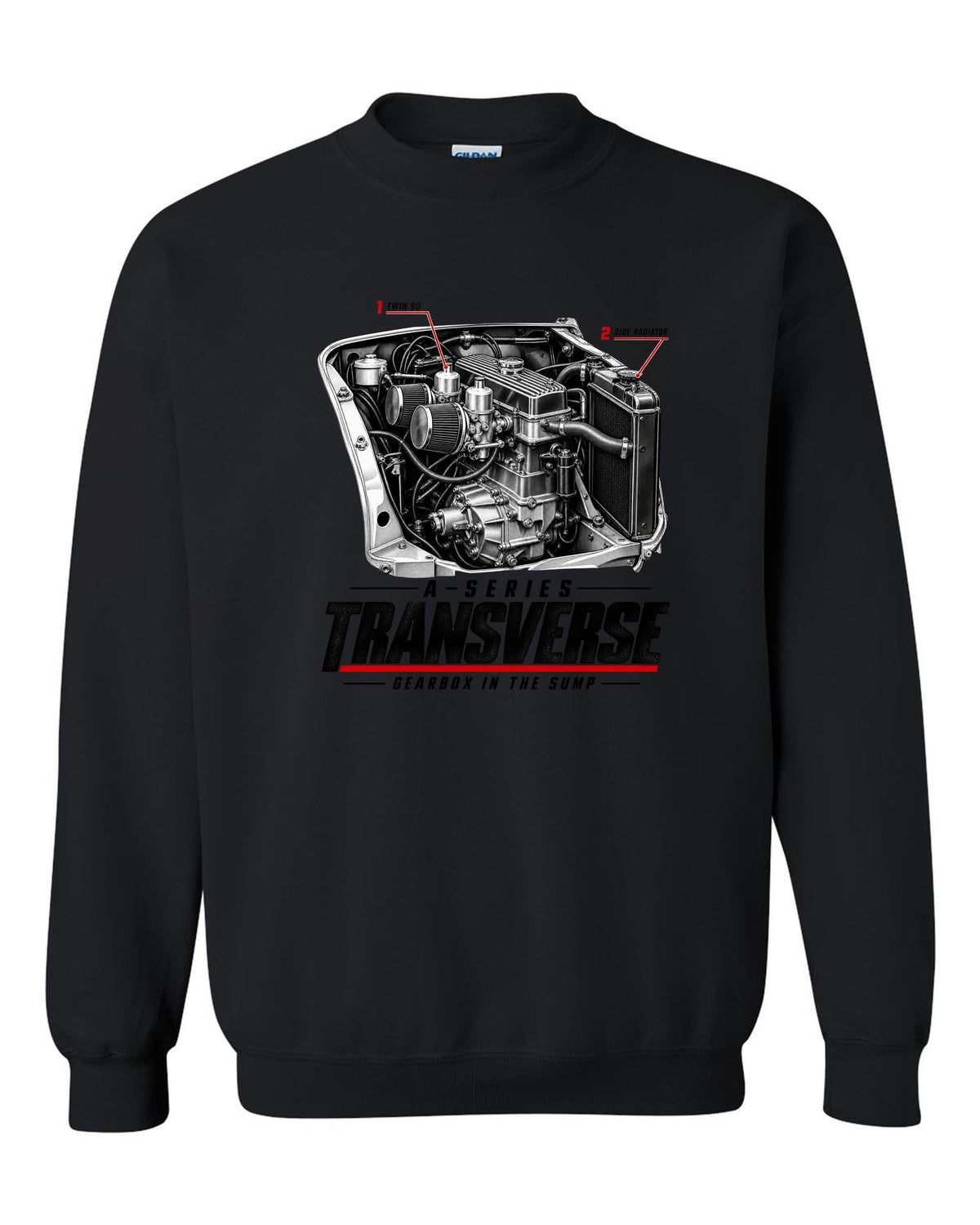 print of a Classic Mini Cooper S 1275 engine bay with the transverse A-series engine black crewneck front view with the design