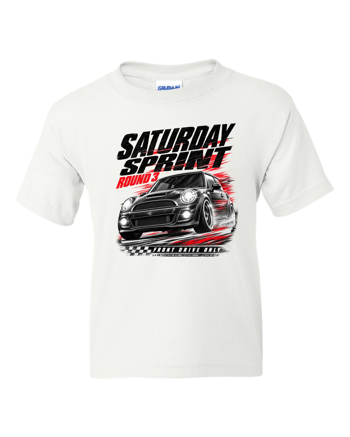 Race poster print of a Mini Cooper JCW R56 front three-quarter at a Saturday sprint round three white kids tee front view with the design