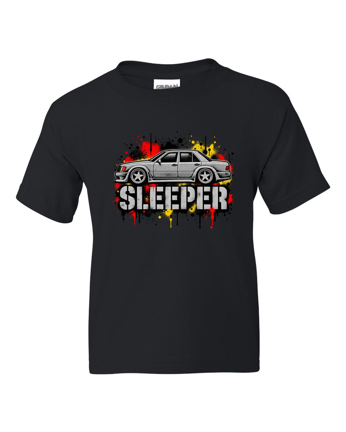 Embroidery-style varsity crest of a Mercedes 300E 5.6 Hammer W124 black kids tee front view with the design