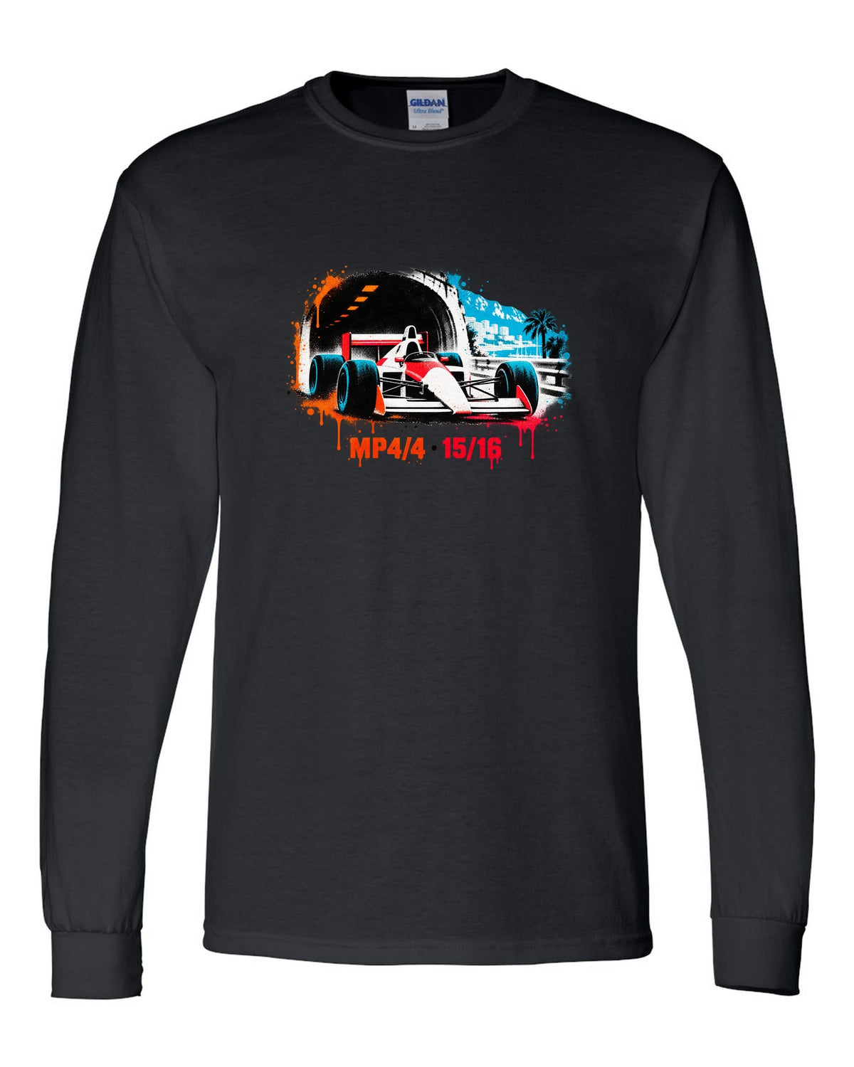 Stencil spray art of the McLaren MP4/4 Formula 1 car with 15/16 lettering black long sleeve front view with the design