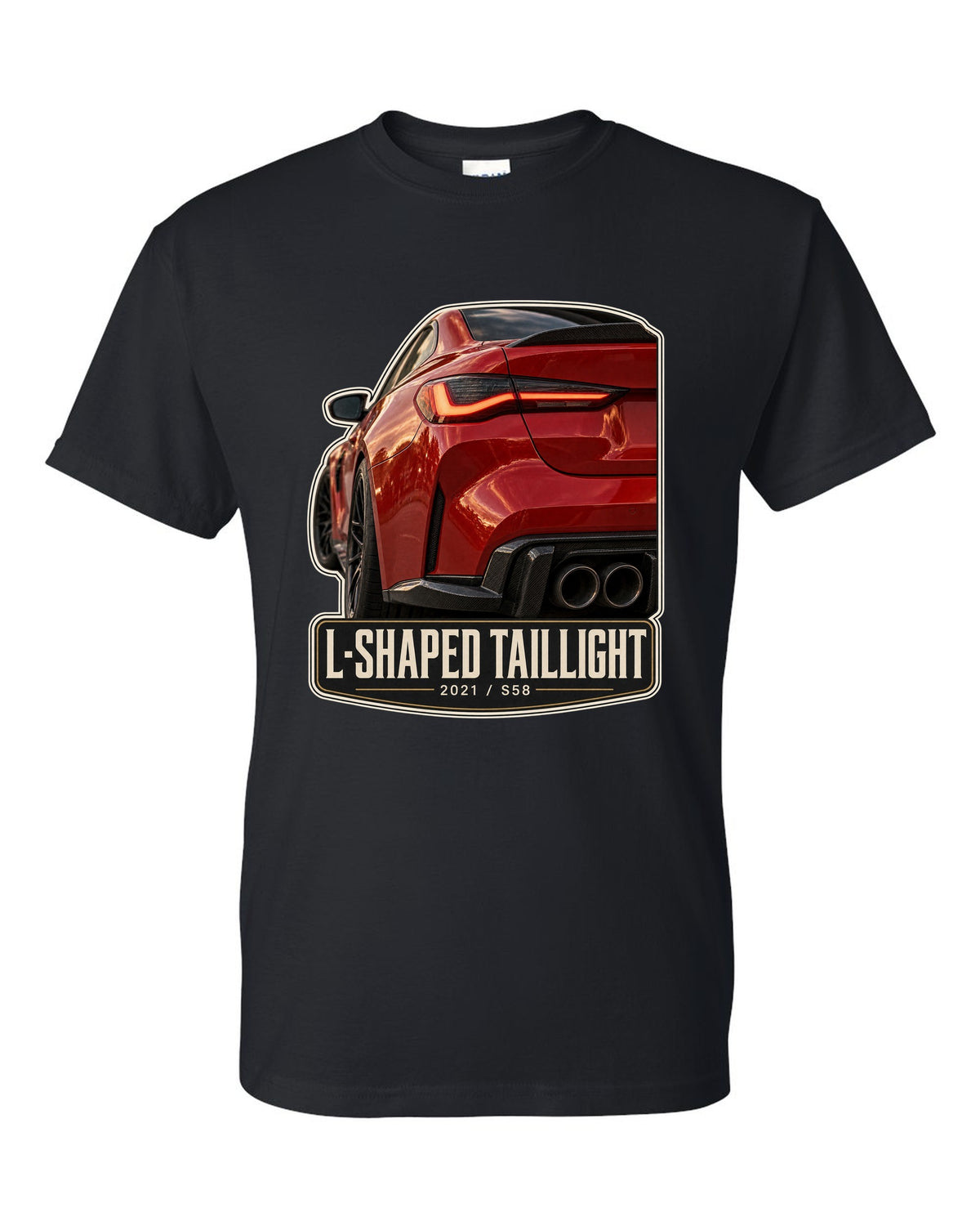 BMW M4 Competition G82 L-shaped taillight macro print with 2021 and S58 text black t-shirt front view with the design