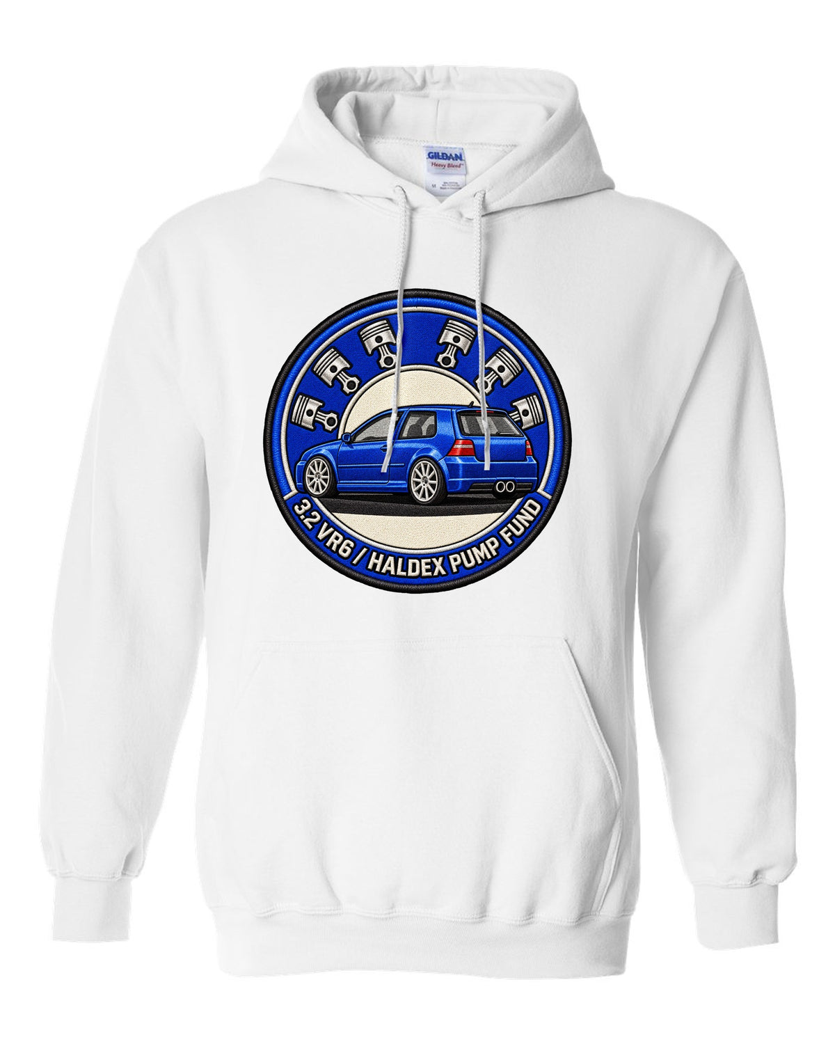Varsity crest print for a VW Golf R32 Mk4 with 3.2 VR6 and Haldex pump fund lettering white pull over hoodie front view with the design