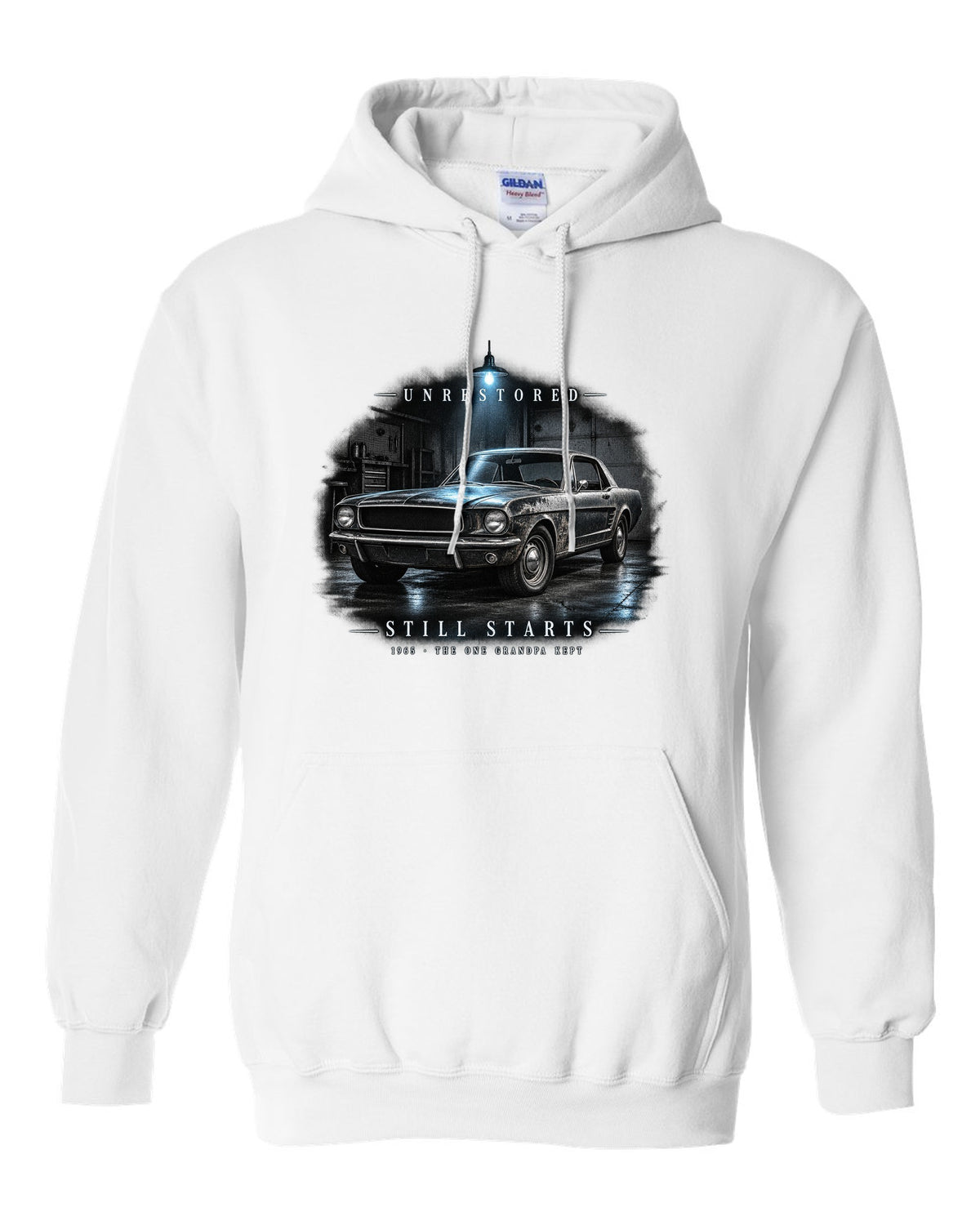 Garage night illustration of a white 1965 Ford Mustang coupe with unrestored still starts lettering white pull over hoodie front view with the design