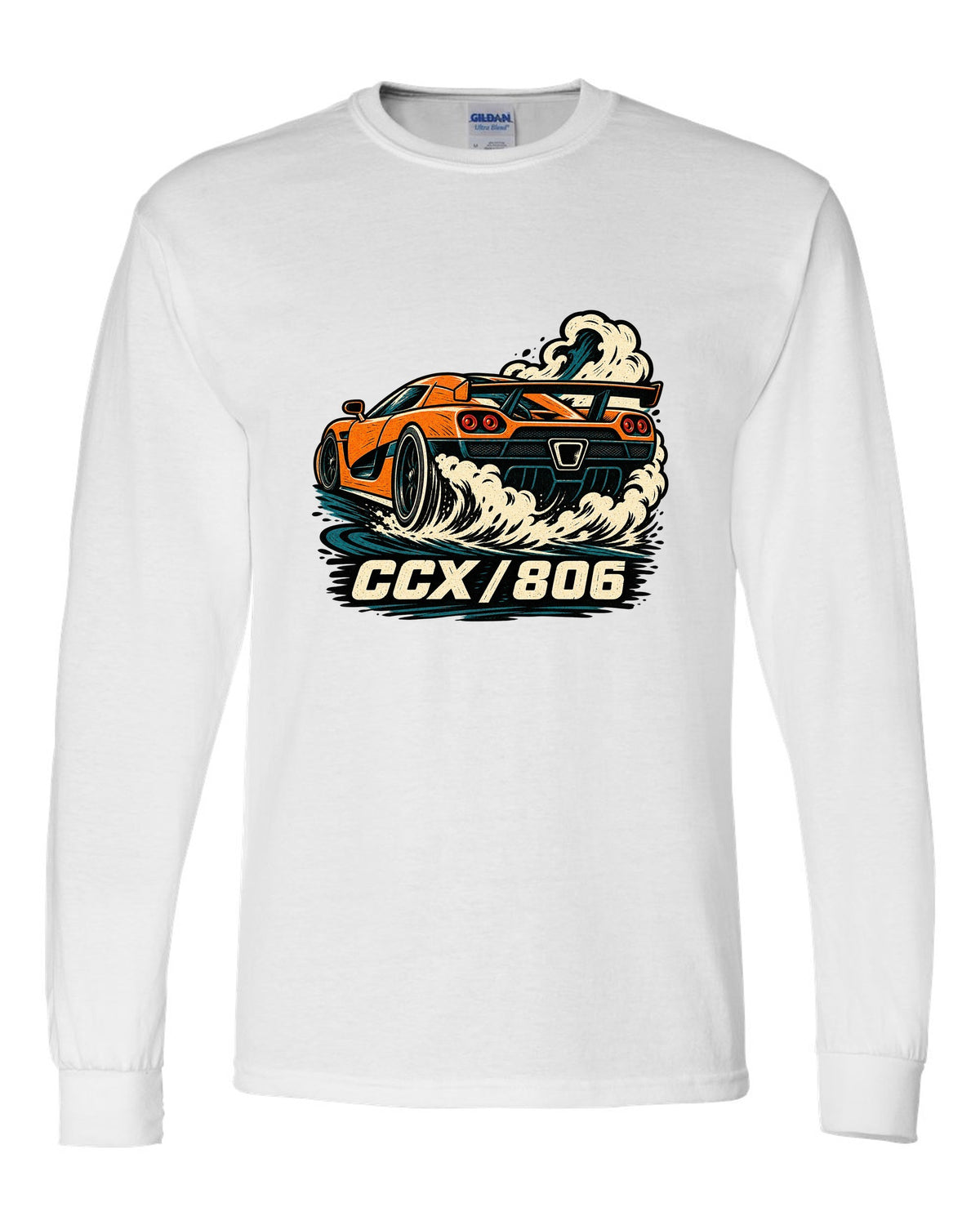Linocut style illustration of a Koenigsegg CCX doing a burnout with CCX 806 lettering white long sleeve front view with the design