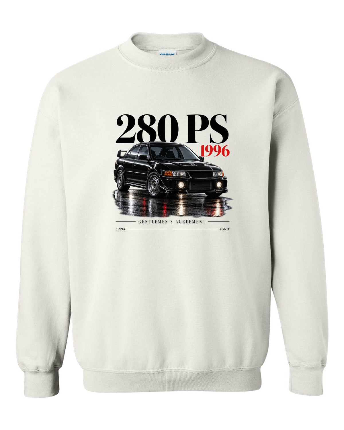 Editorial headline print for the Mitsubishi Lancer Evolution IV CN9A reading 280 PS, 1996, Gentlemen's Agreement, 4G63T white crewneck front view with the design