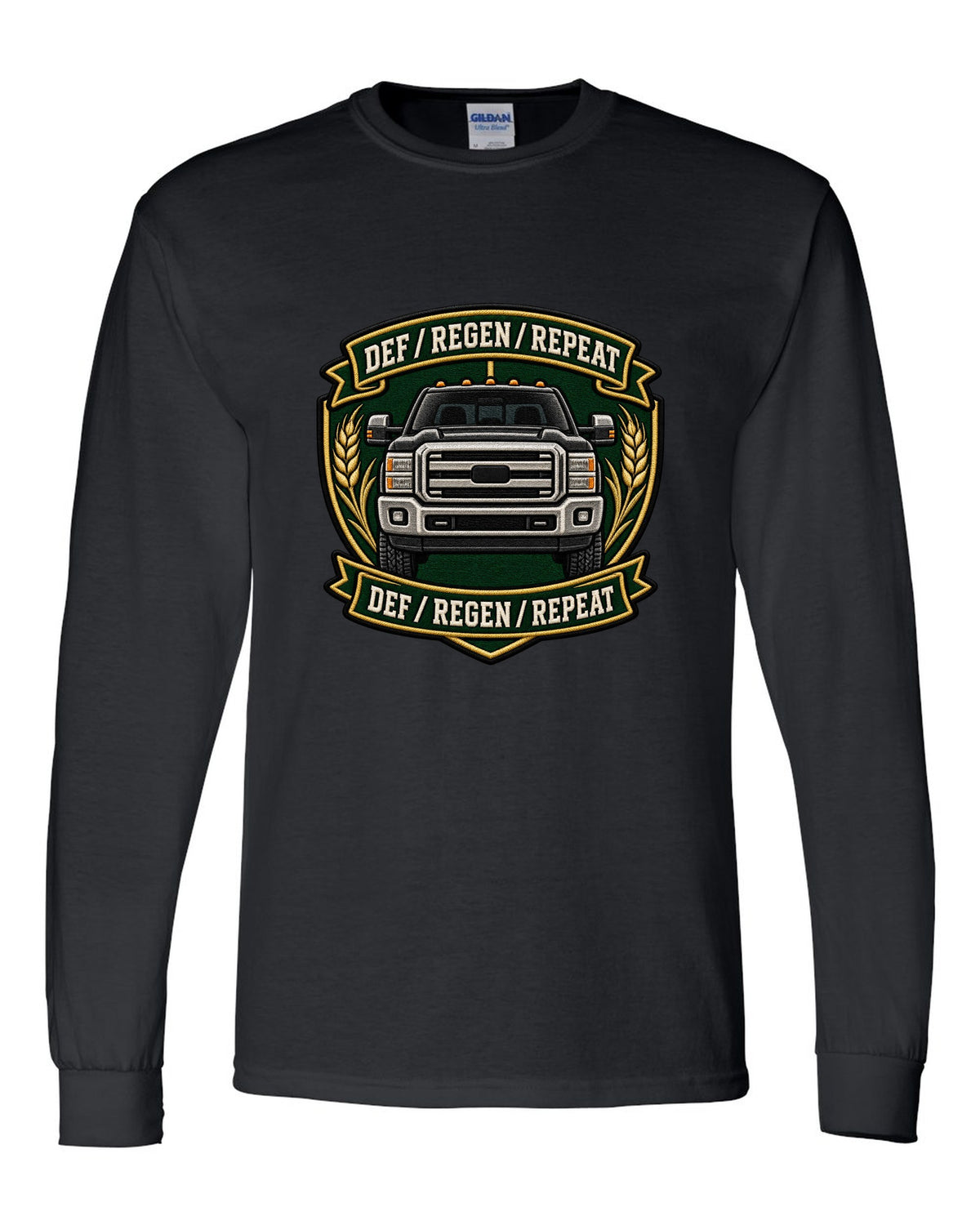 Shield crest print for the 2010-2018 Ram 2500 6.7 Cummins reading DEF regen repeat black long sleeve front view with the design