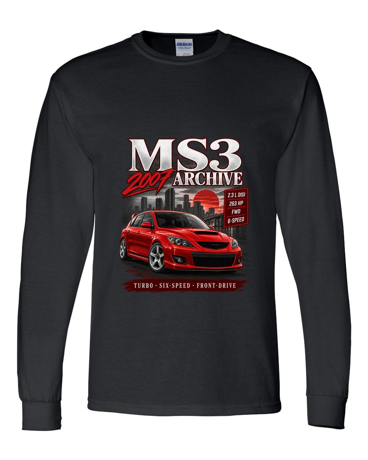 Mazdaspeed3 front three-quarter archive panel with MS3 Archive 2007 heading black long sleeve front view with the design
