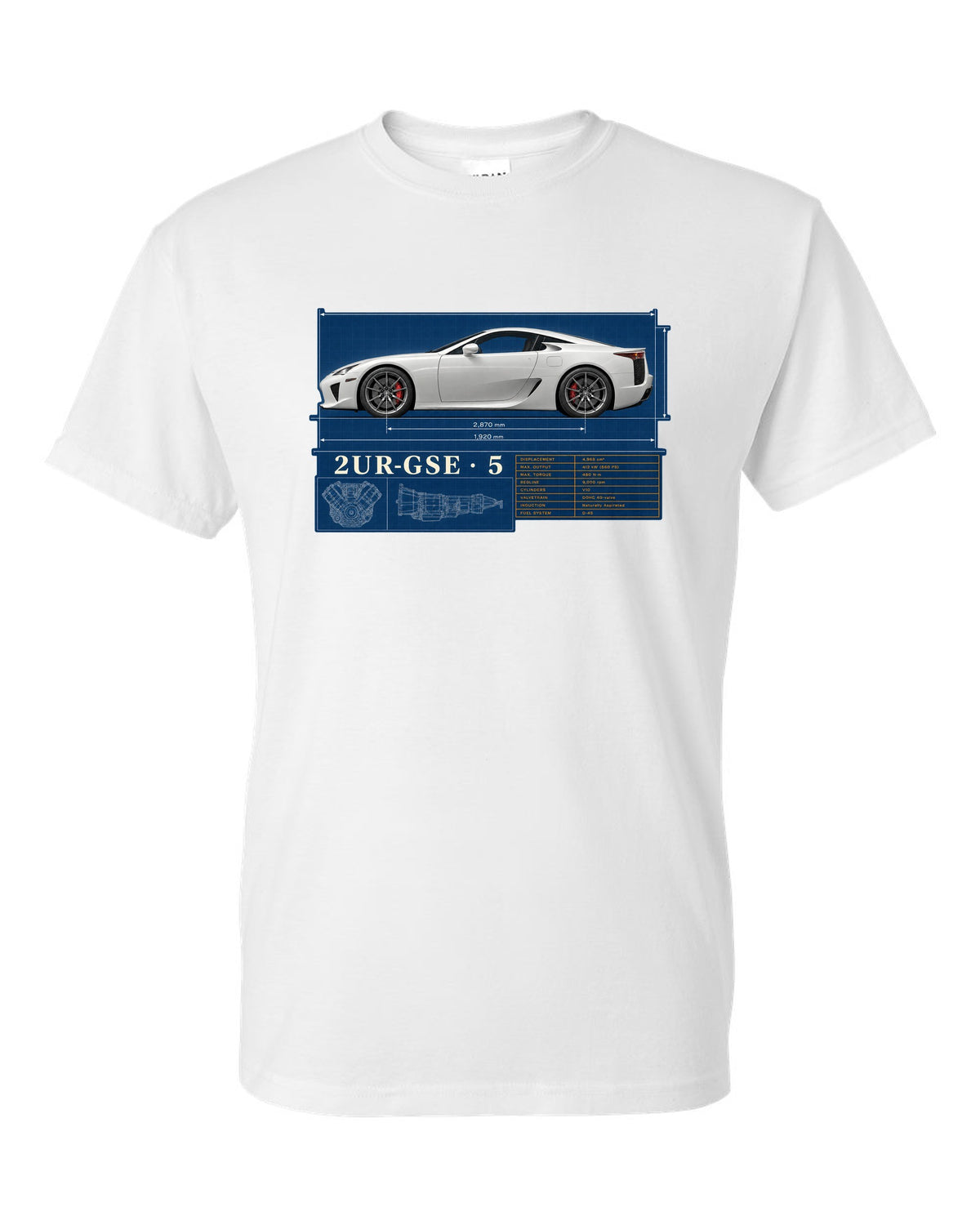 Spec poster of the Lexus LFA10 with power, weight and top speed figures white t-shirt front view with the design