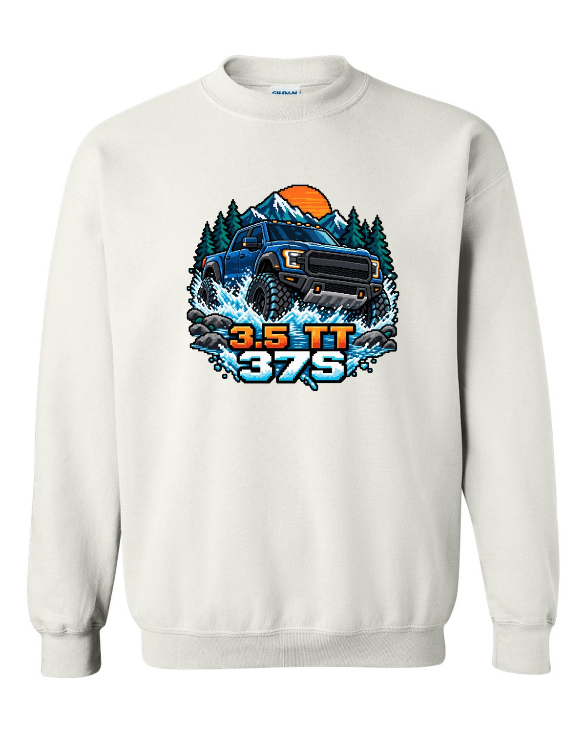 8/16-bit pixel art print of a Ford F-150 Raptor Gen 3 P702 crossing a river white crewneck front view with the design