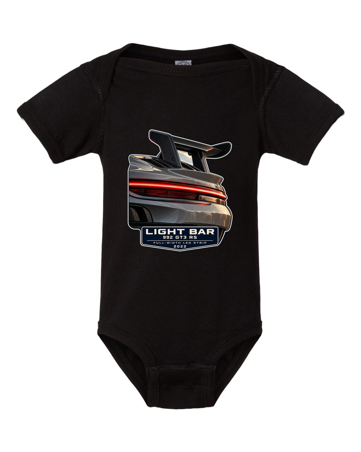 Porsche 992 GT3 RS taillight macro light bar print design black baby onesie front view with the design