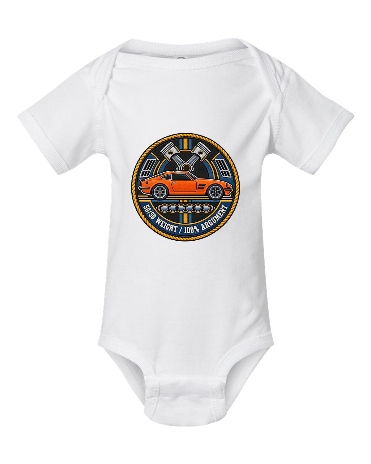 Varsity crest design for the Toyota GR Supra A90 with double-bubble roof white baby onesie front view with the design
