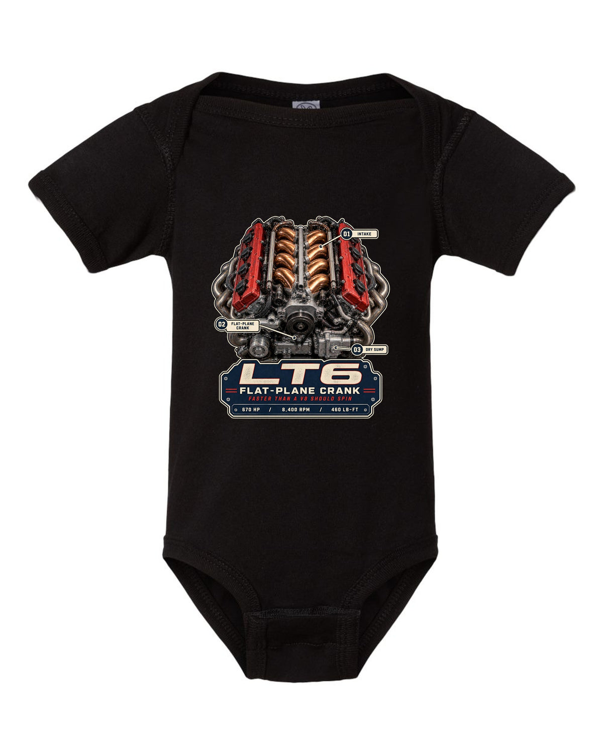 Engine hero print of the LT6 flat-plane V8 in a Chevrolet Corvette C8 Z06 black baby onesie front view with the design