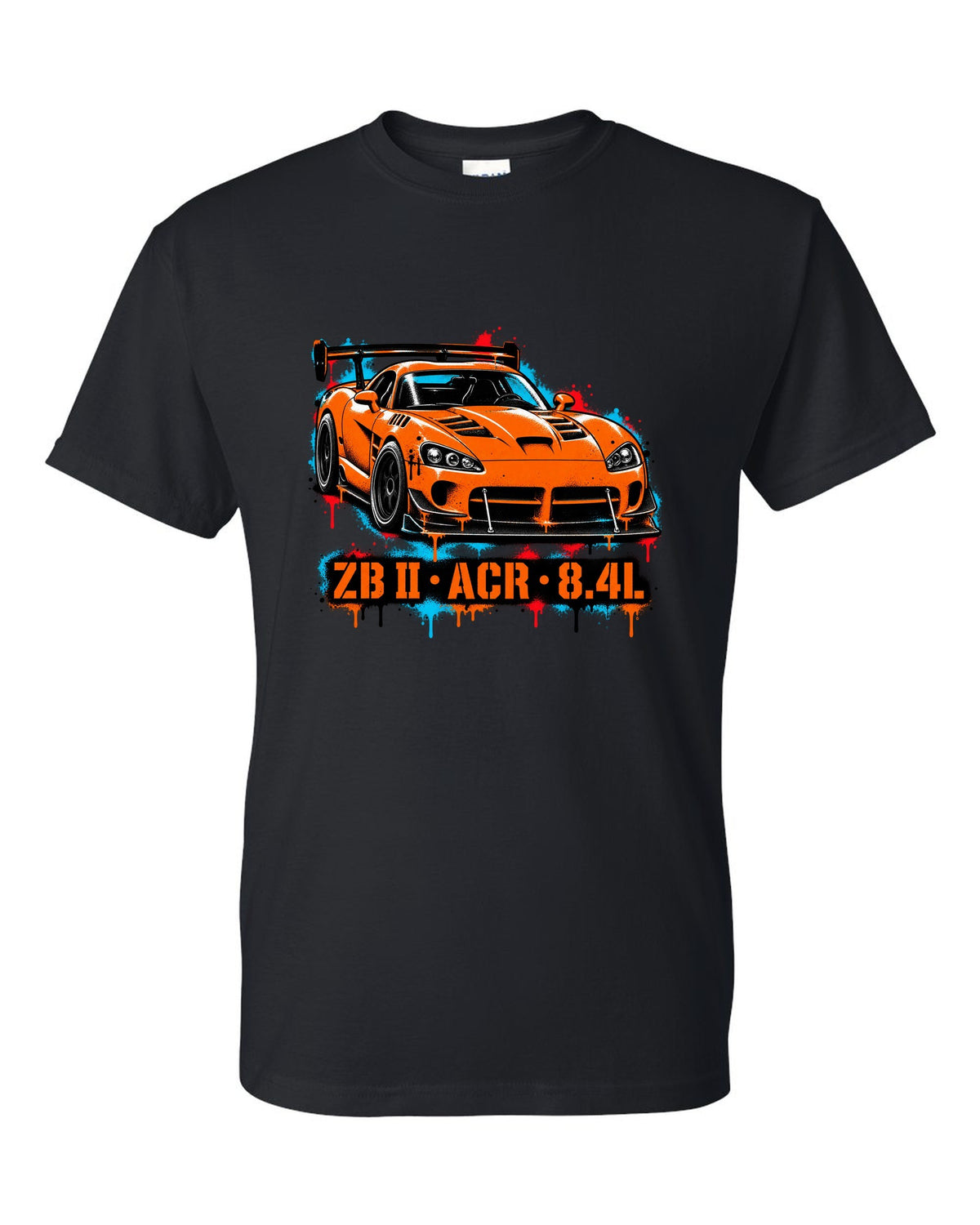 Stencil spray street art of a 2008 Dodge Viper ACR with large rear wing, ZB II ACR 8.4L lettering black t-shirt front view with the design