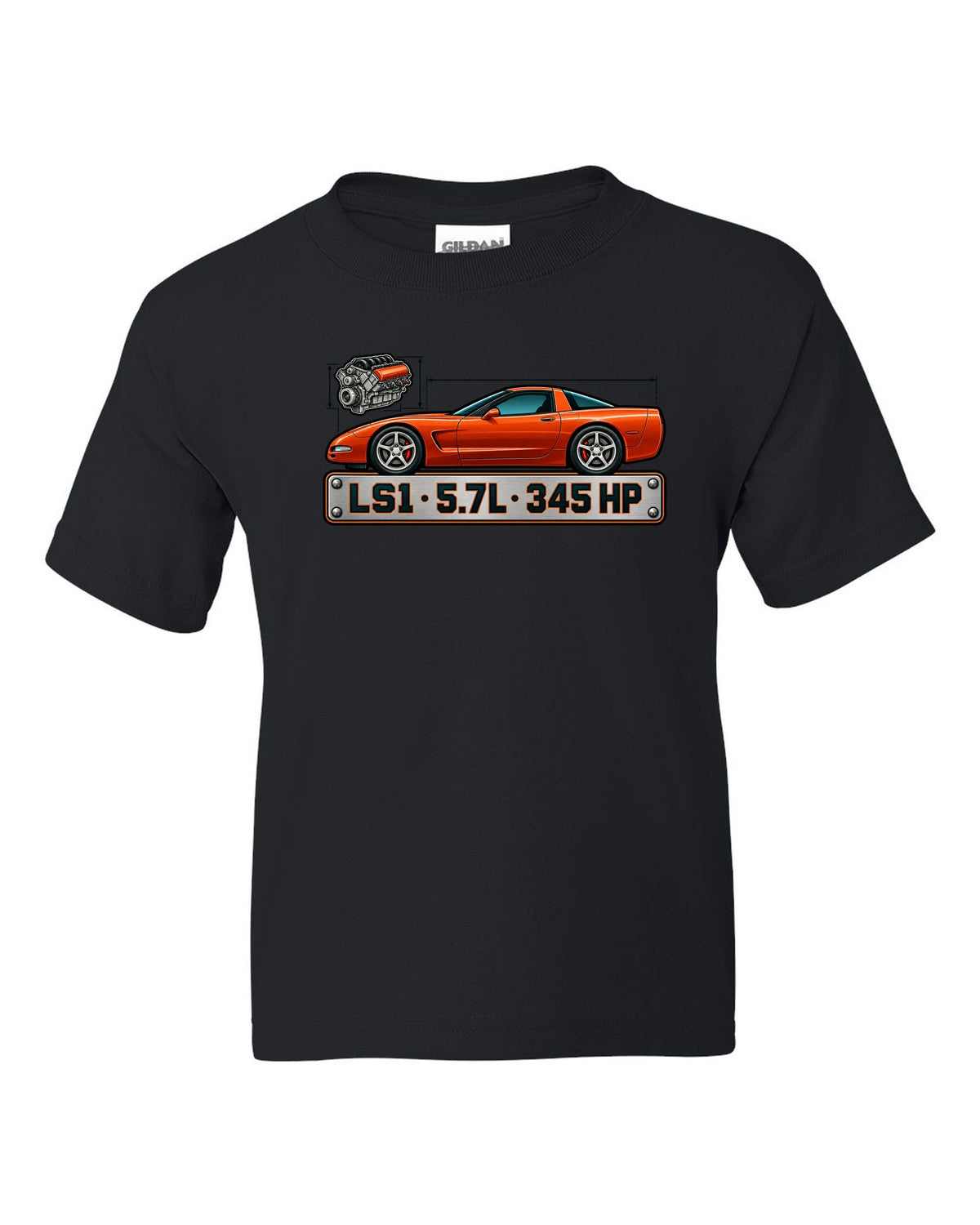 Spec-sheet style print of a 1997 Chevrolet Corvette C5 coupe with LS1 5.7L 345 HP lettering black kids tee front view with the design