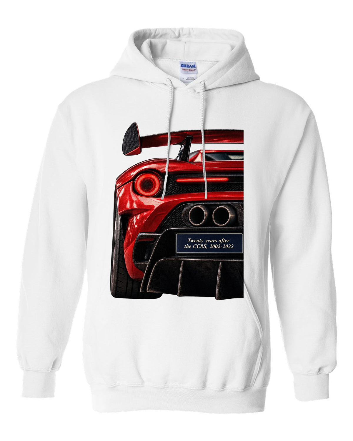 Taillight macro print of the Koenigsegg CC850 with the text twenty years after the CC8S, 2002-2022 white pull over hoodie front view with the design