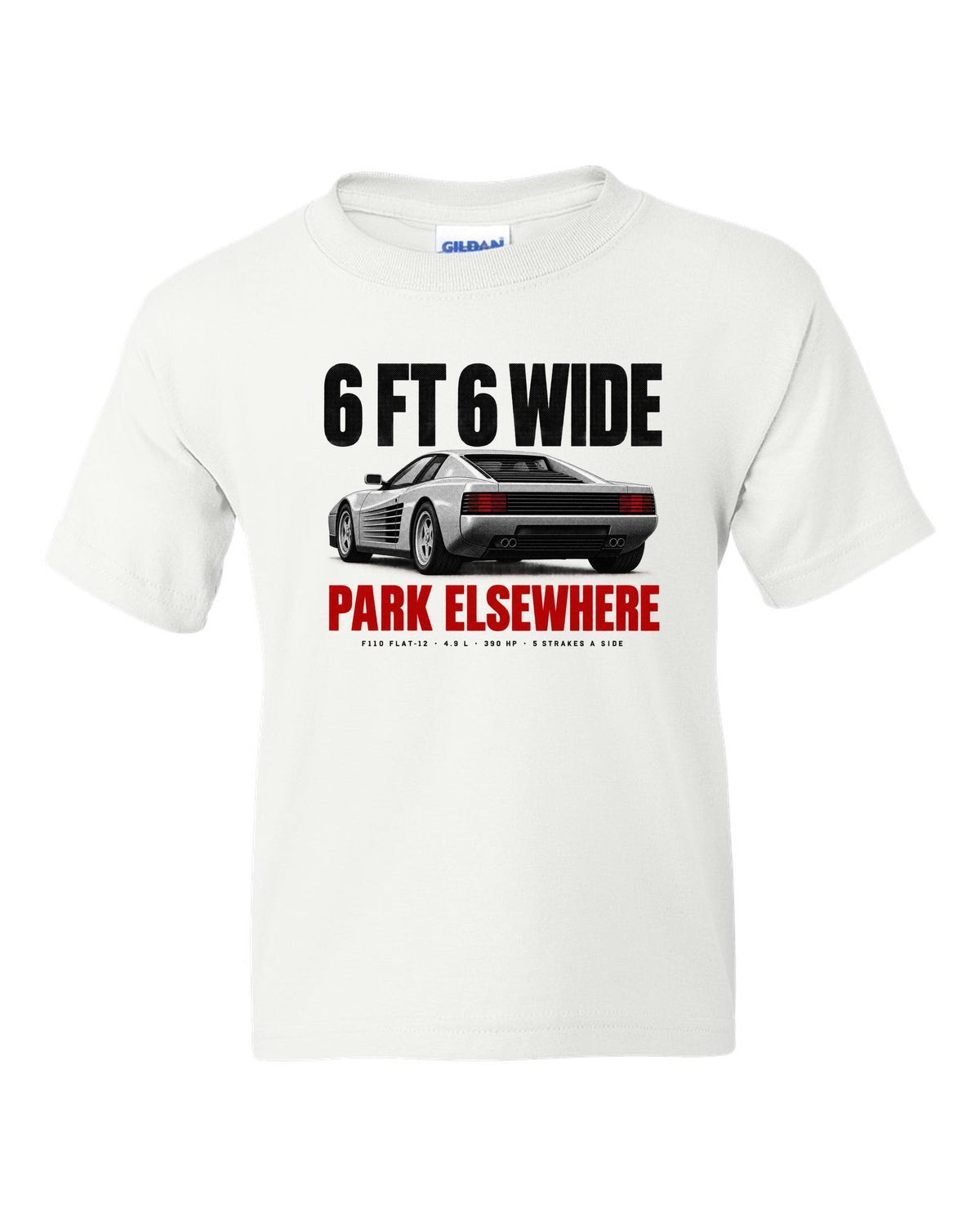 Ferrari Testarossa F110 1984 halftone print, 6 ft 6 wide, park elsewhere white kids tee front view with the design
