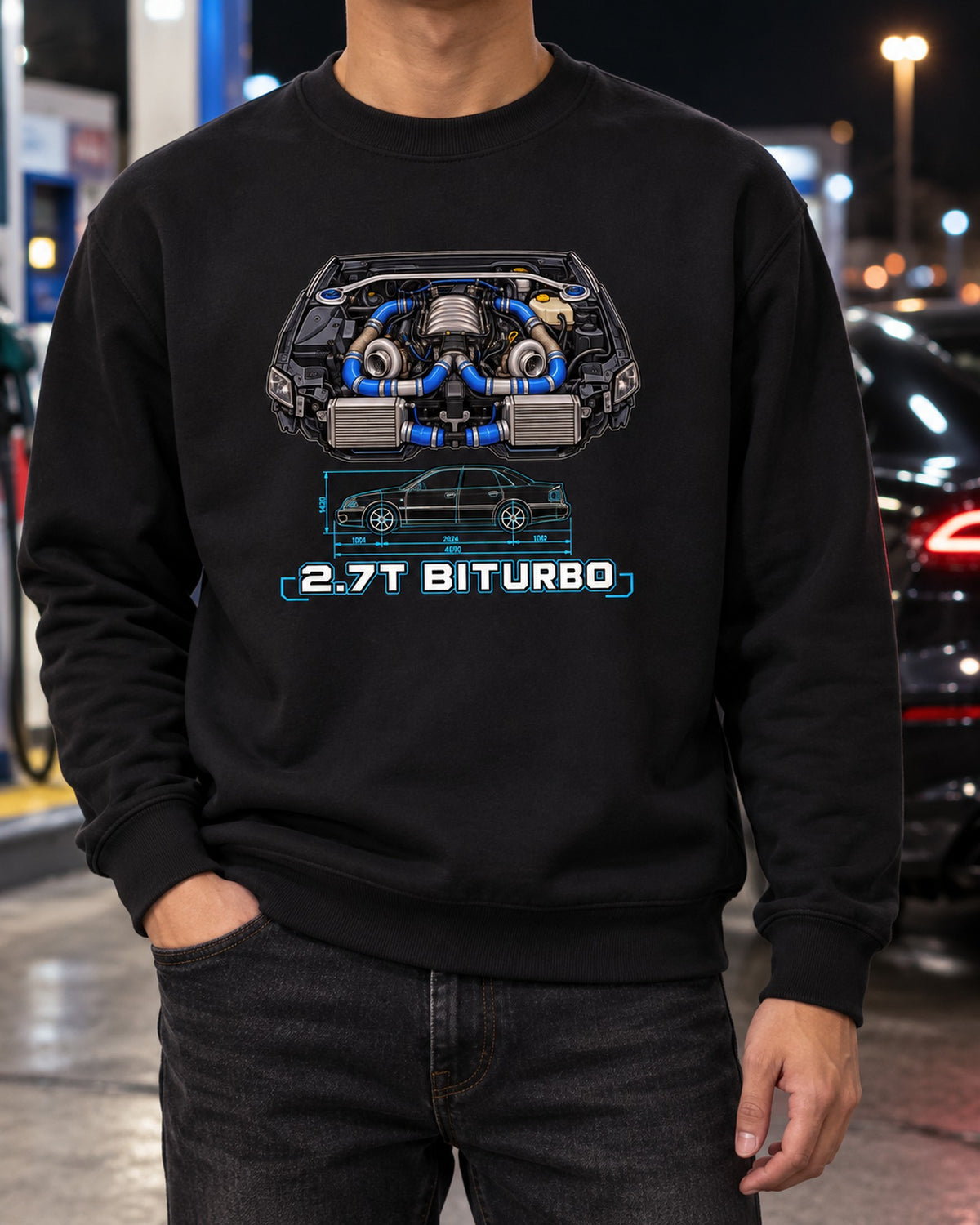 Audi S4 B5 2.7T Biturbo Technical Blueprint Car Shirt Crewneck Black worn hero