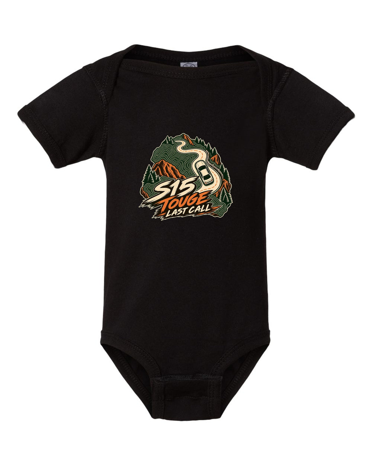 Topographic contour map line art of a mountain road with a Nissan Silvia S15 black baby onesie front view with the design