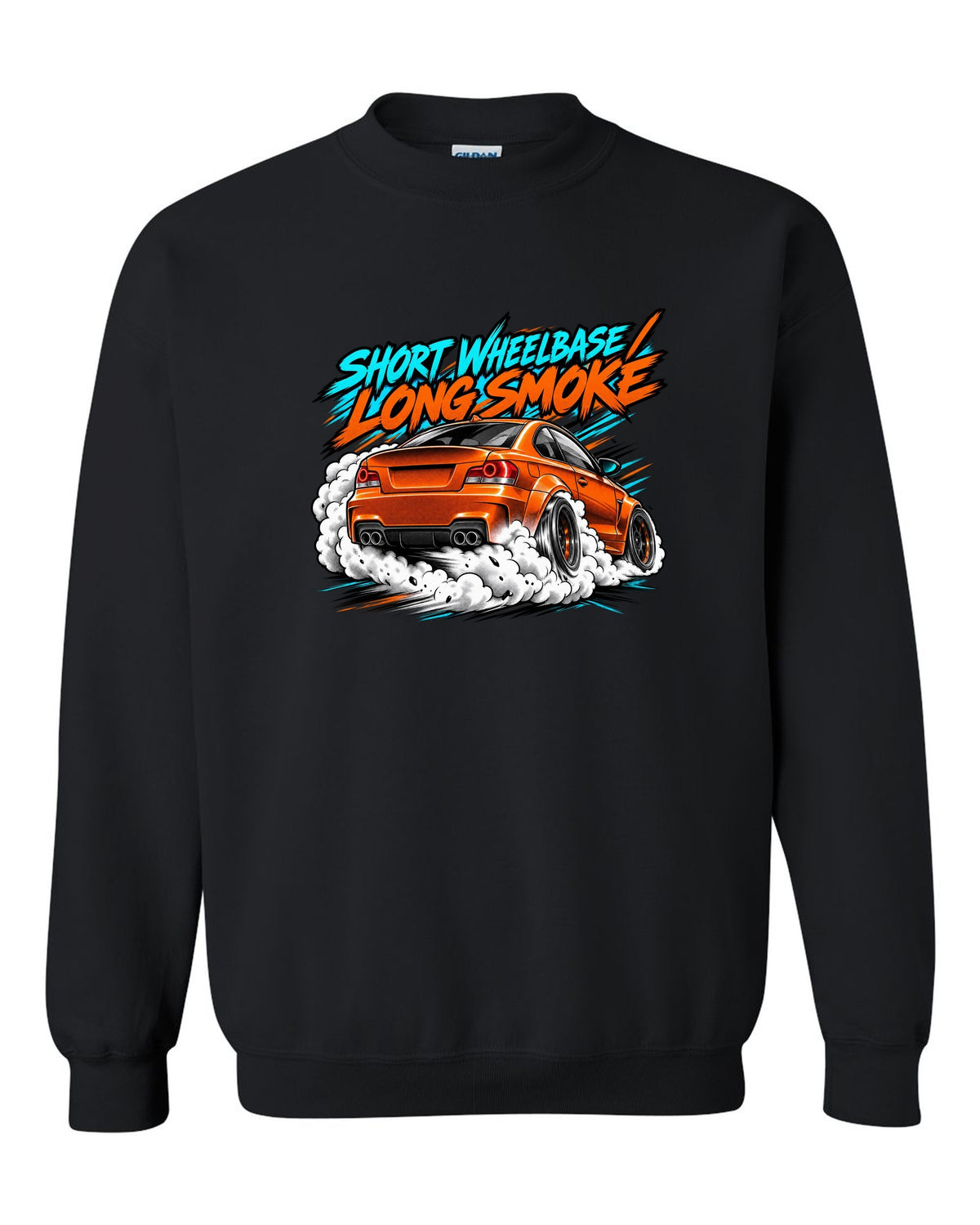 Retro manga halftone panel print of a BMW 1 Series M Coupe E82 burnout black crewneck front view with the design