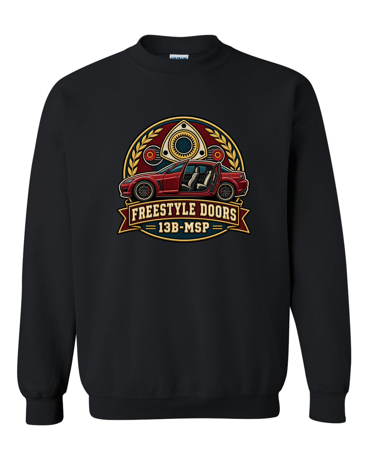 Varsity-style crest of a Mazda RX-8 SE3P with freestyle doors and 13B-MSP text black crewneck front view with the design