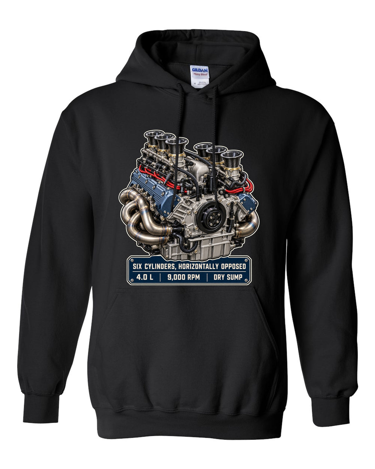 Porsche 992 GT3 RS 4.0 flat-six engine hero print design black pull over hoodie front view with the design