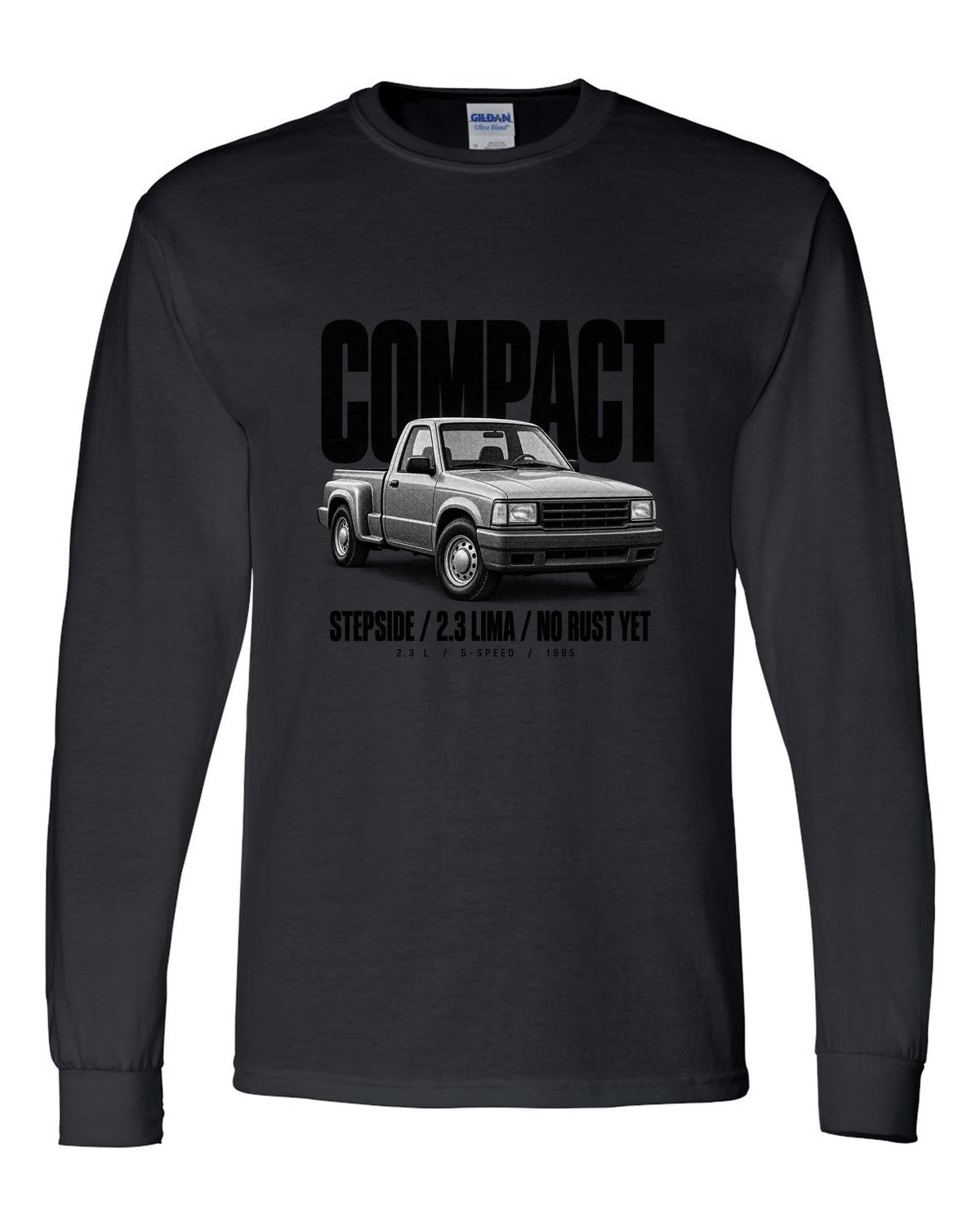 Ford Ranger 1995 stepside halftone print with compact, 2.3 Lima, no rust yet text black long sleeve front view with the design