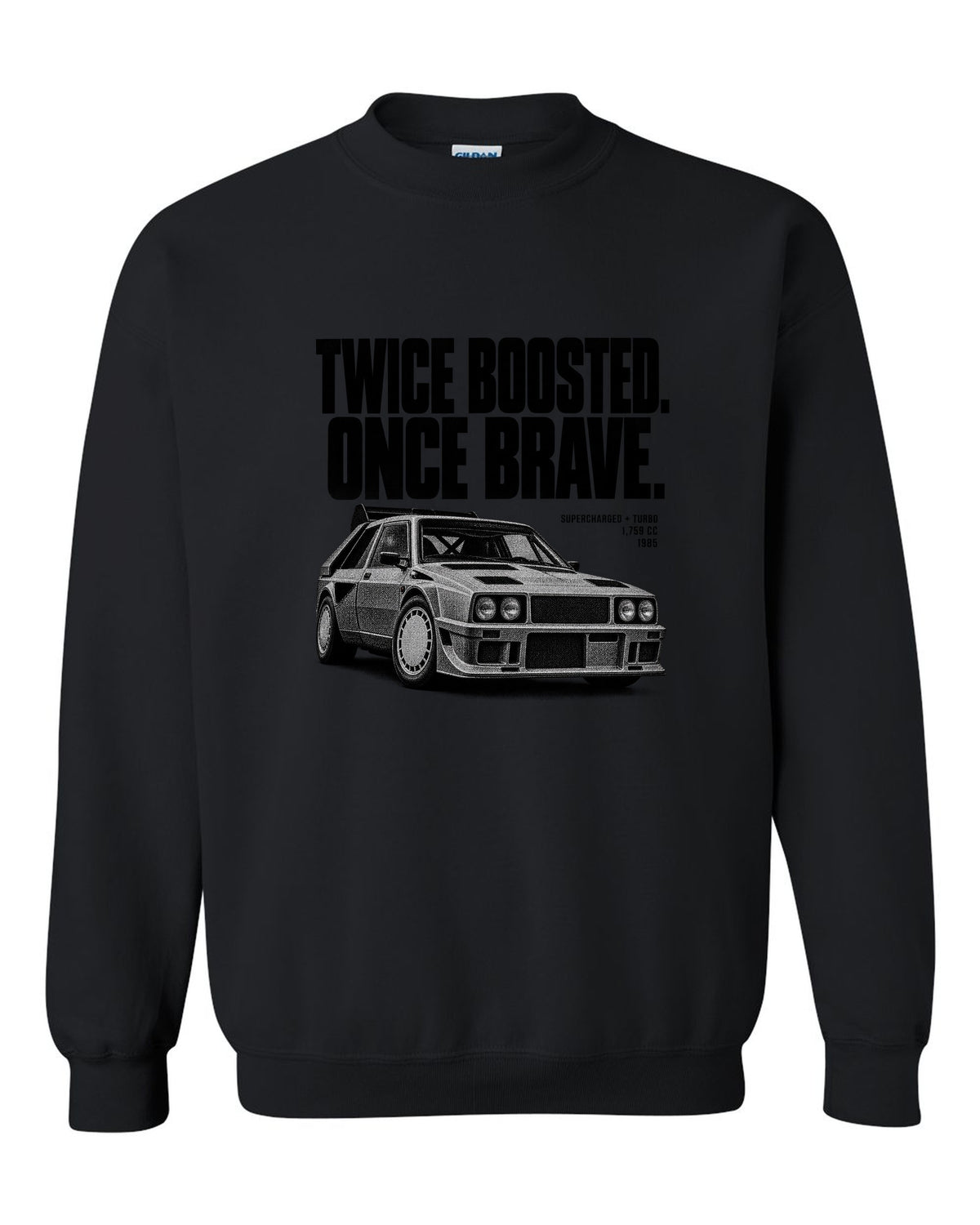 Halftone print of a Lancia Delta S4 with supercharged and turbo lettering black crewneck front view with the design