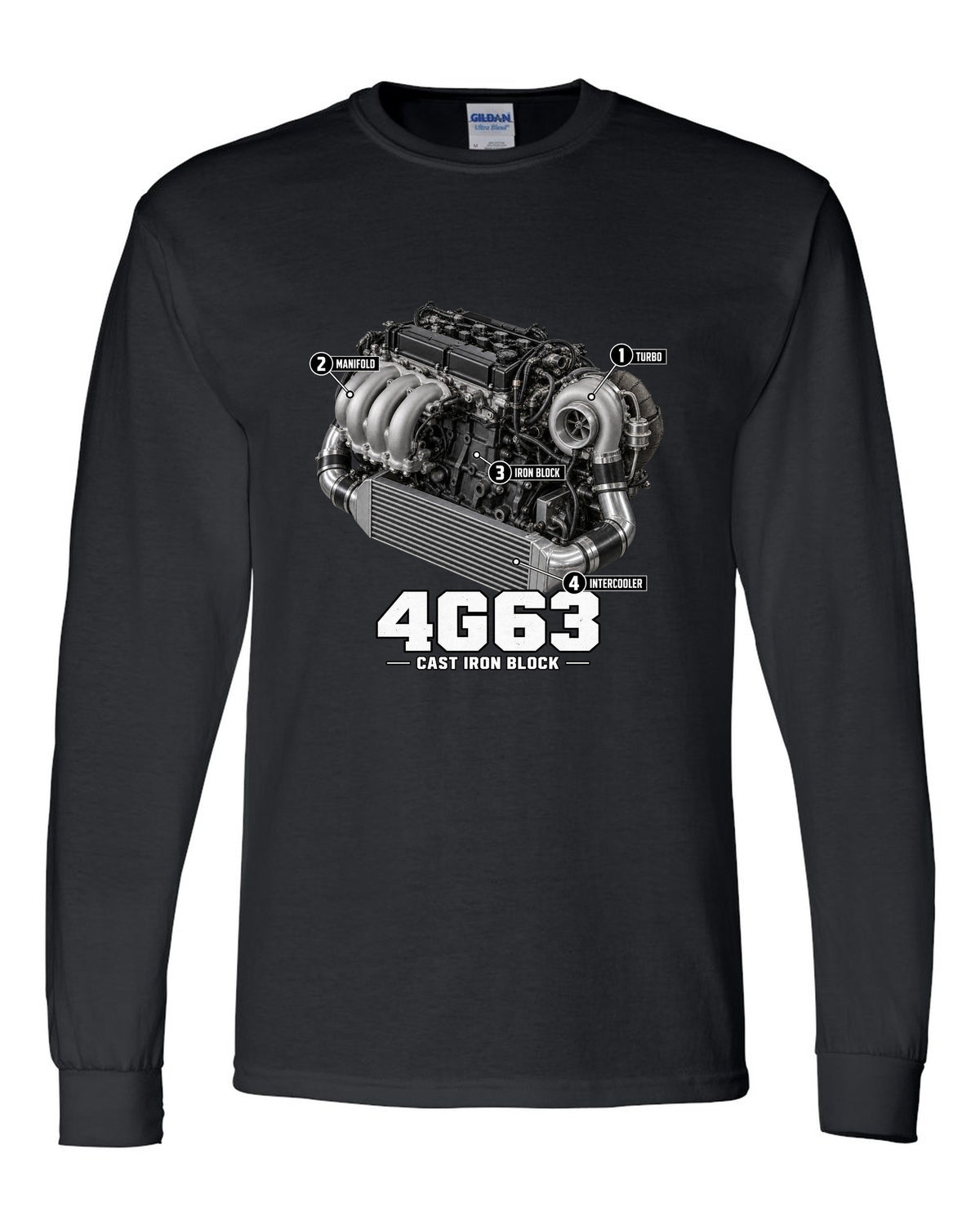 Engine diagram print for the Mitsubishi Lancer Evolution VI CP9A showing a 4G63 with turbo, manifold, iron block and intercooler callouts black long sleeve front view with the design